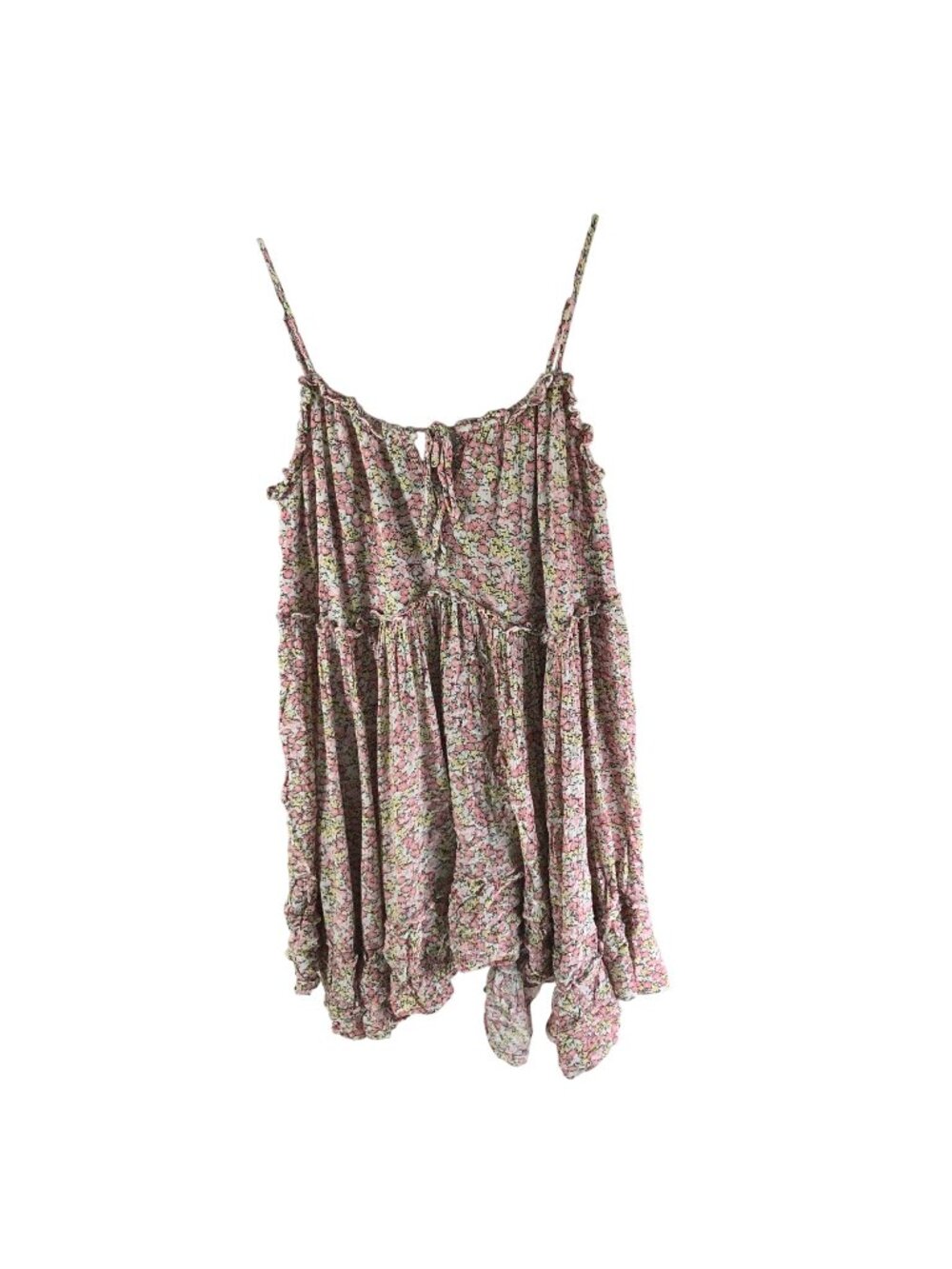 Scoop Floral Sleeveless Babydoll Mini Dress Ruffled Hem Pink Yellow M